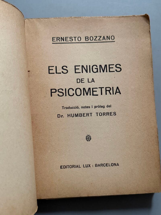 Els enigmes de la psicometria, Ernesto Bozzano - Editorial Lux, ca. 1930