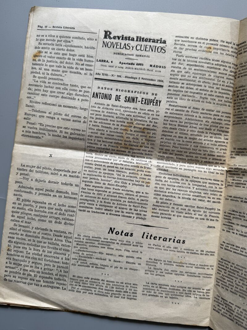 Vuelo nocturno, Antoine de Saint-Exupéry - Revista literaria. Novelas y cuentos, 1944