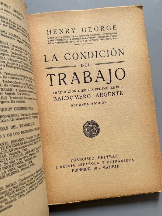La condición del trabajo, Henry George - Francisco Beltrán, Librería Española y Extranjera, 1923