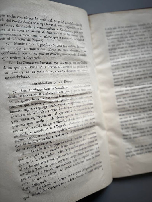 Reglamento para el establecimiento de coches de diligencia desde Madrid a Bayona - 1787