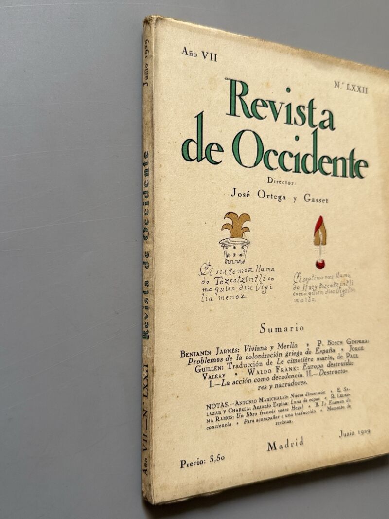 Revista de Occidente. Jorge Guillén, P. Bosch Gimpera, Benjamín Jarnés - Año VII, nº LXXII, 1929