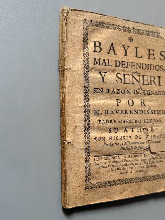 Prohibición de bailes, corridas de toros y comedias. Nicasio de Zarate - Madrid, 1742