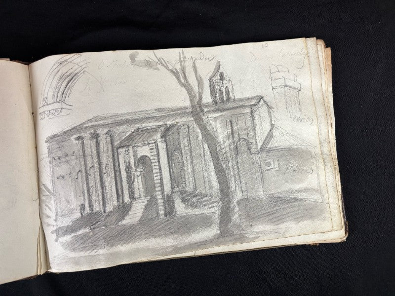 Antiguo e importante cuaderno de dibujos de pueblos y iglesias del siglo XIX (circa 1850)