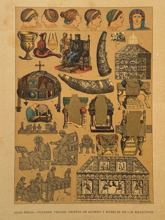 Cromolitografía tocados, vasijas, objetos de adorno y muebles de los bizantinos - Historia general del arte. Montaner y Simón ca. 1890