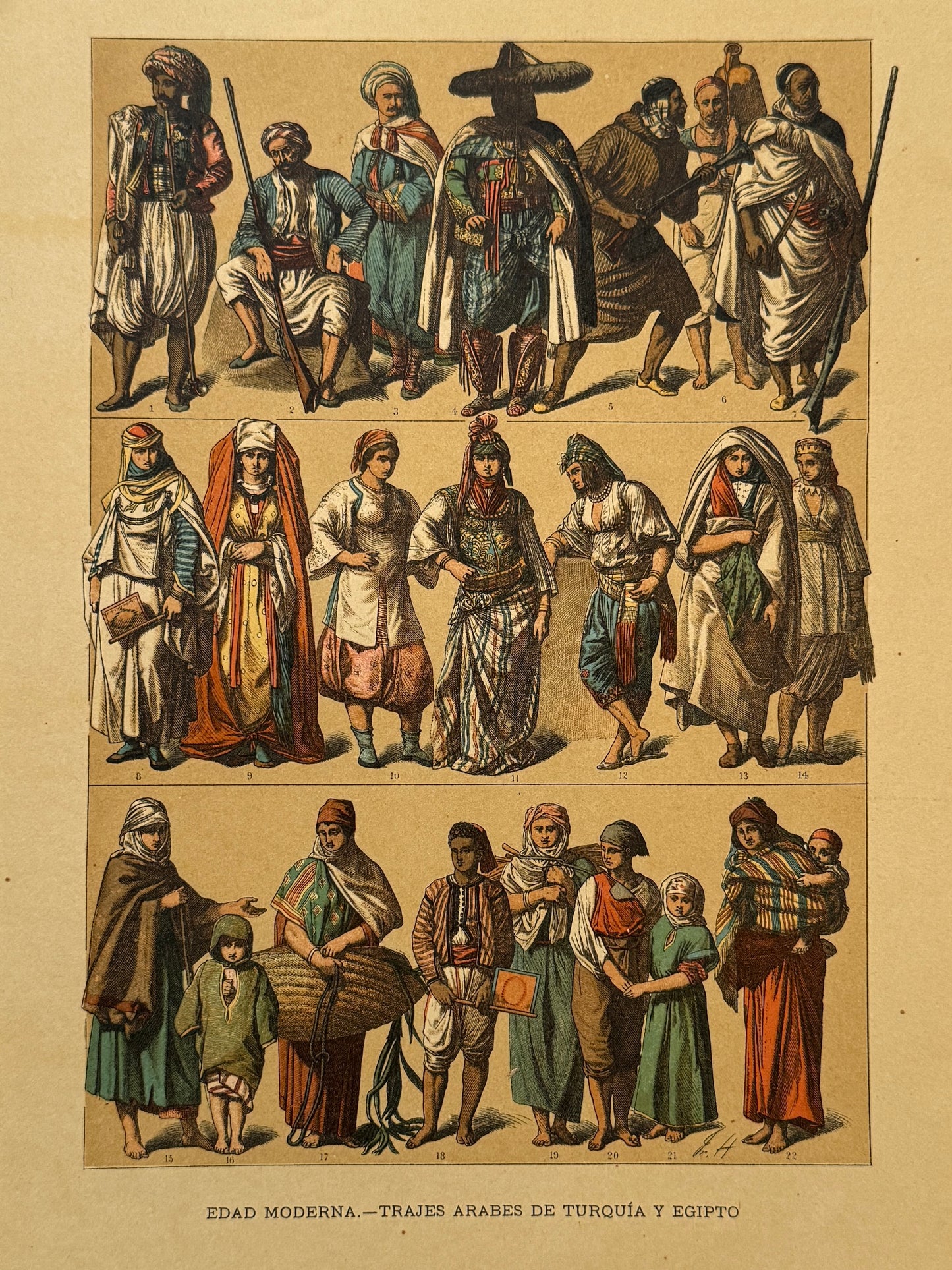 Cromolitografía trajes árabes de Turquía y Egipto - Historia general del arte. Montaner y Simón ca. 1890