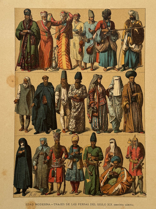 Cromolitografía trajes y armas de los persas del siglo XIX - Historia general del arte. Montaner y Simón ca. 1890