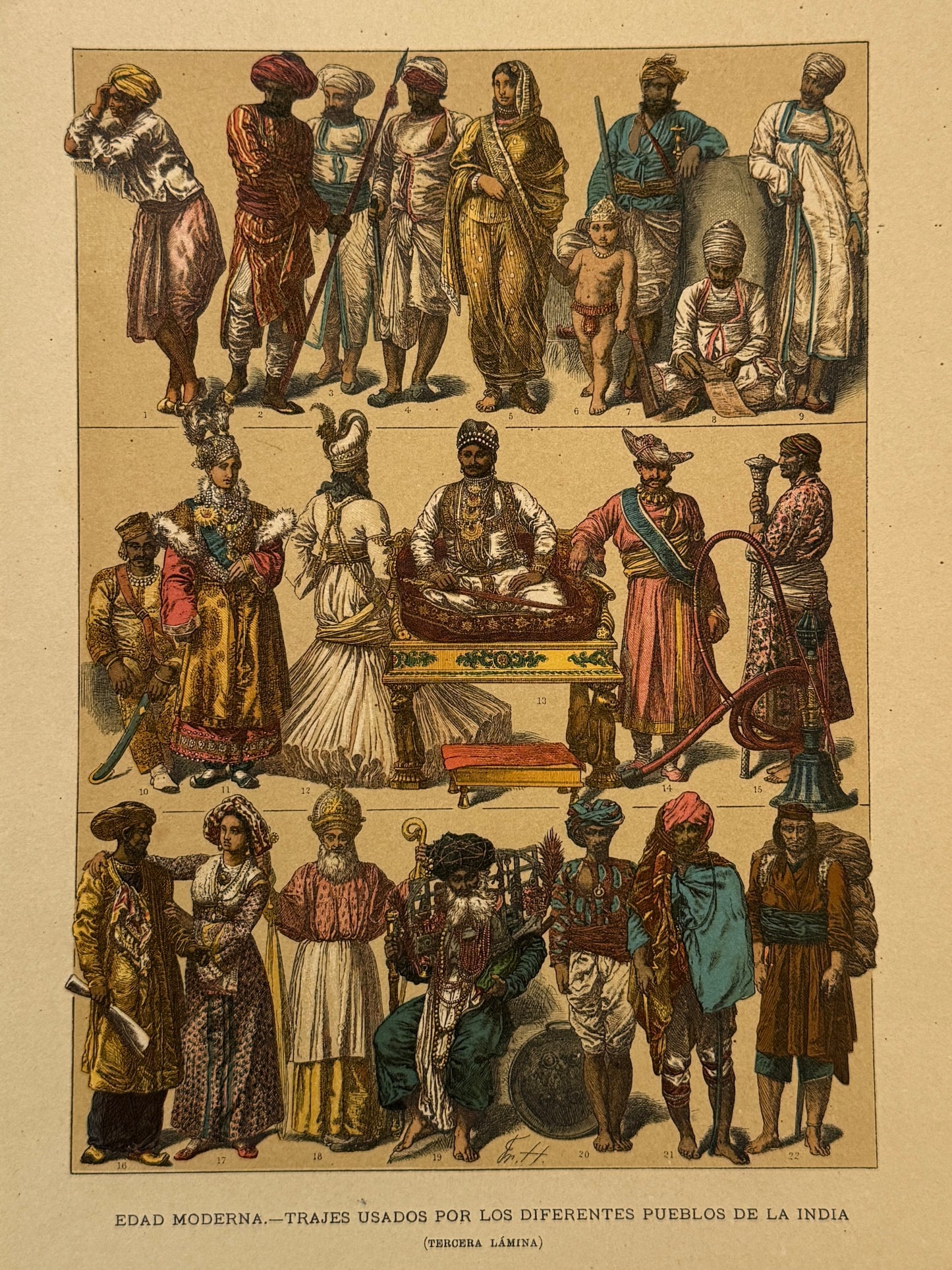 Cromolitografía trajes de la India - Historia general del arte. Montaner y Simón ca. 1890