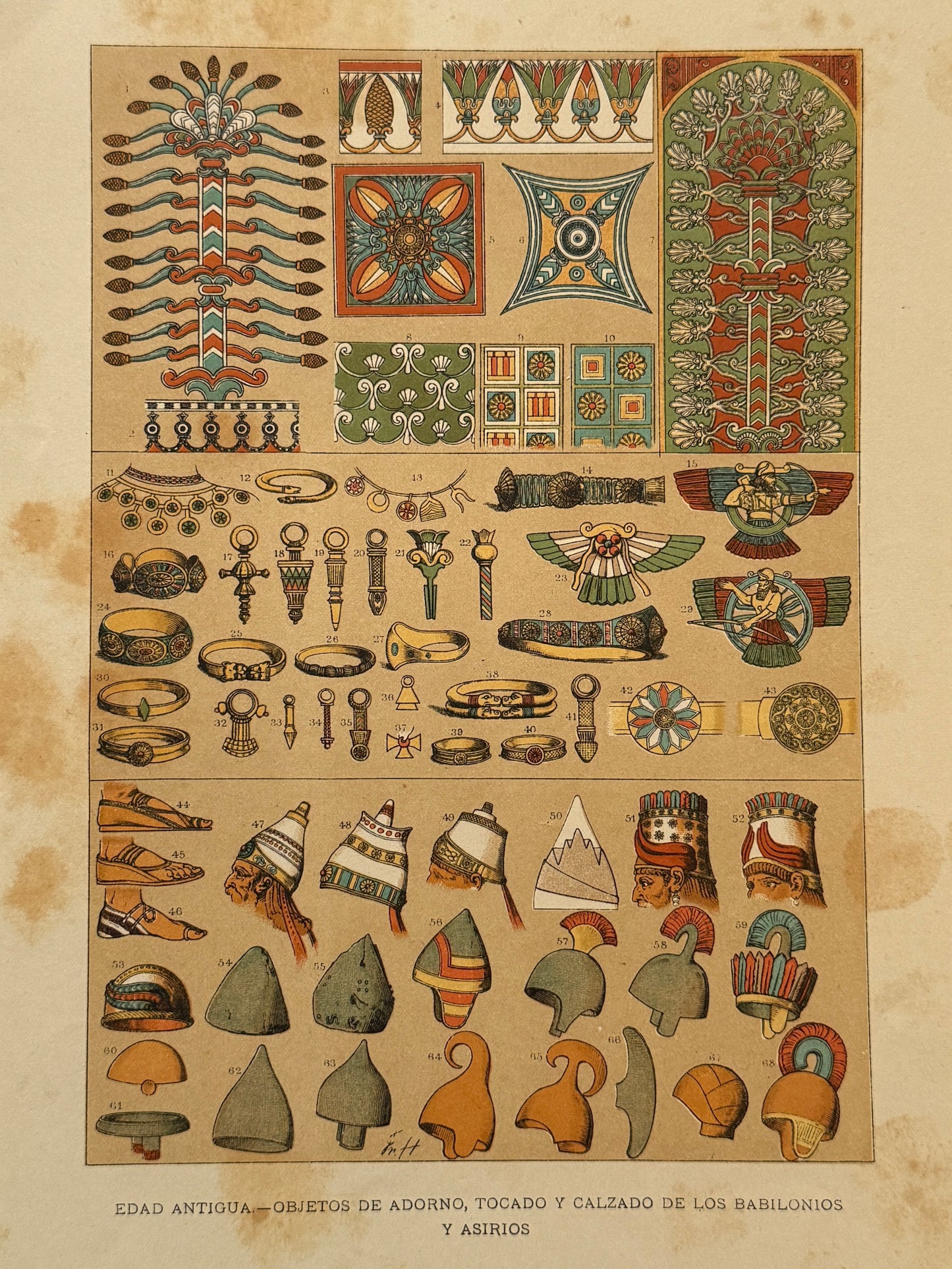 Cromolitografía objetos de adorno, tocado y calzado de los babilonios y asirios - Historia general del arte. Montaner y Simón ca. 1890