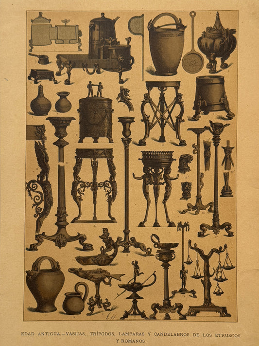 Cromolitografía vasijas, trípodos, lámparas y candelabros de los etruscos y romanos - Historia general del arte. Montaner y Simón ca. 1890