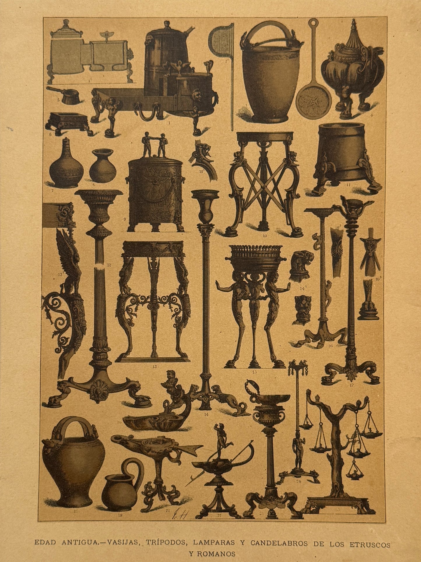 Cromolitografía vasijas, trípodos, lámparas y candelabros de los etruscos y romanos - Historia general del arte. Montaner y Simón ca. 1890