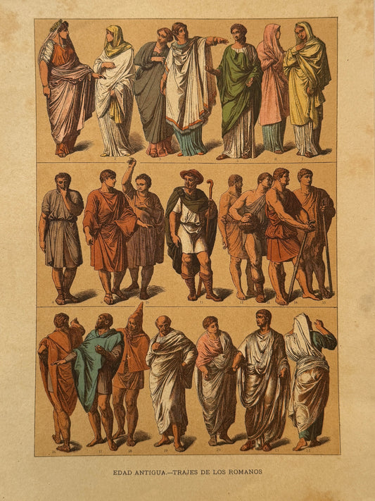 Cromolitografía trajes de los romanos - Historia general del arte. Montaner y Simón ca. 1890