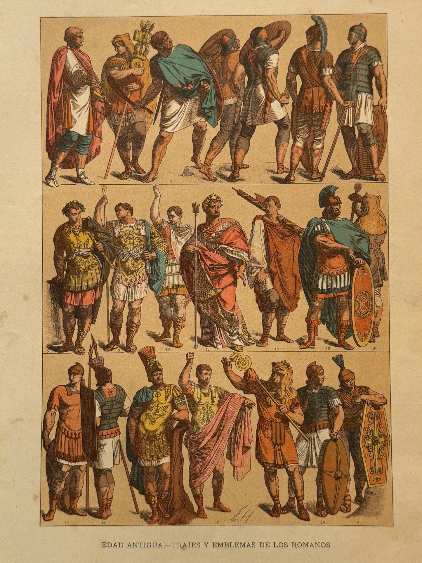 Cromolitografía trajes y emblemas de los romanos - Historia general del arte. Montaner y Simón ca. 1890