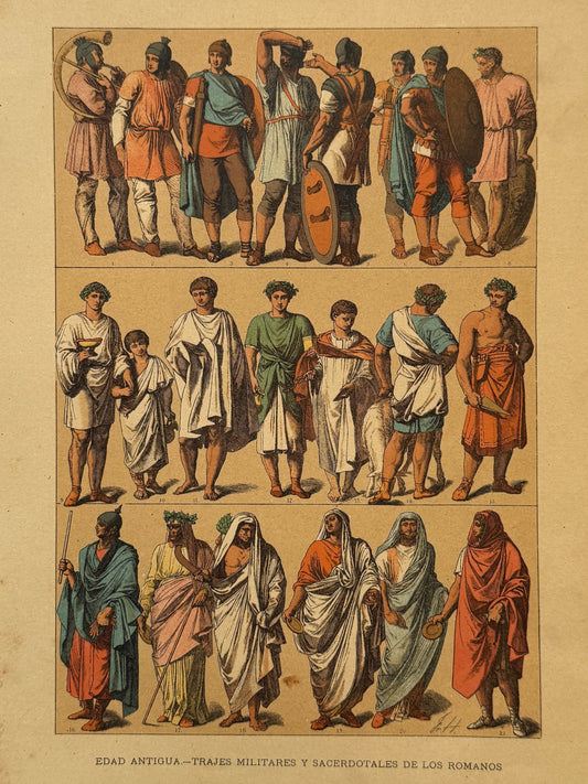 Cromolitografía trajes militares y sacerdotales de los romanos - Historia general del arte. Montaner y Simón ca. 1890