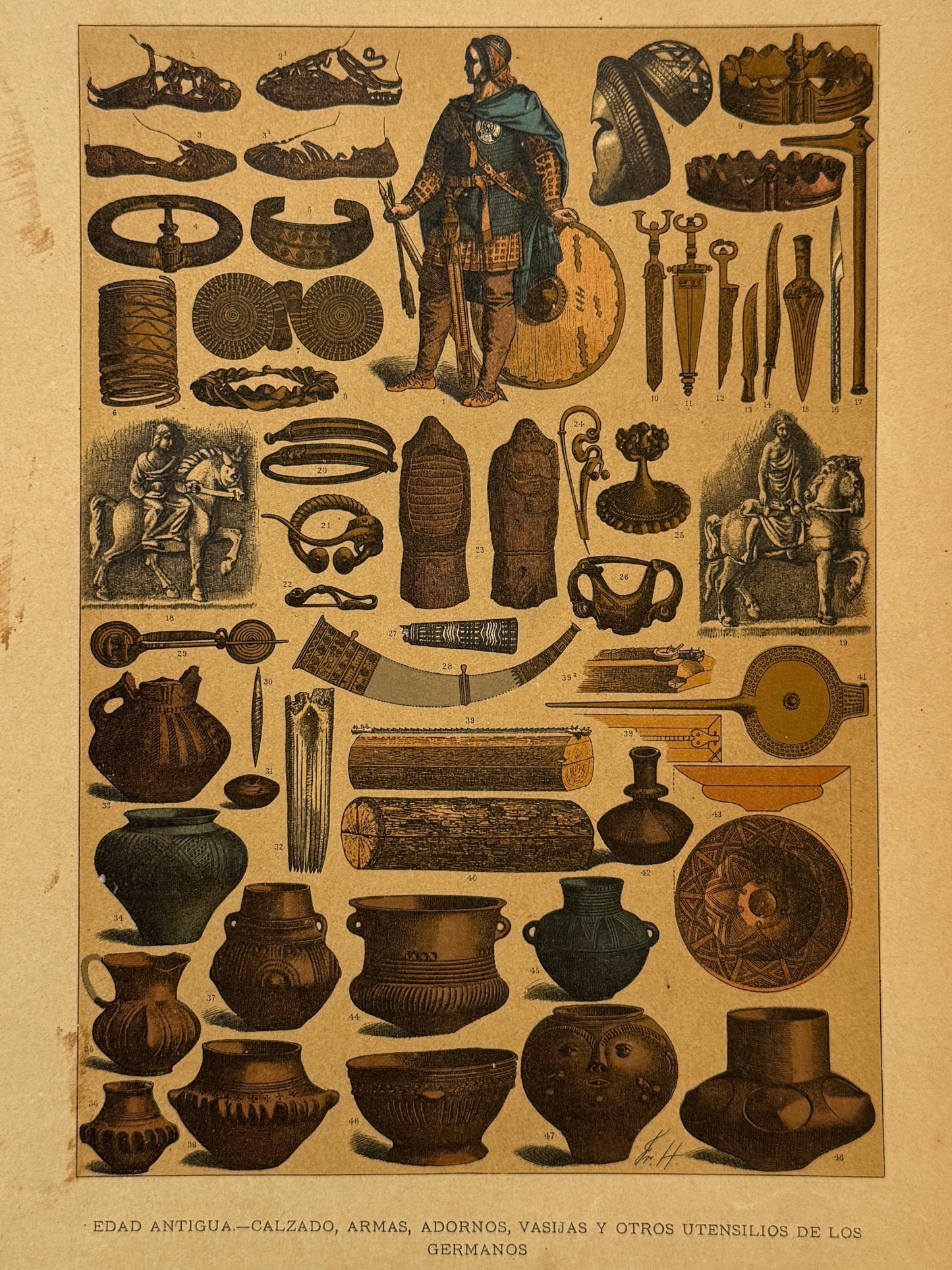 Cromolitografía calzado, armas, adornos, vasijas y otros utensilios de los germanos - Historia general del arte. Montaner y Simón ca. 1890