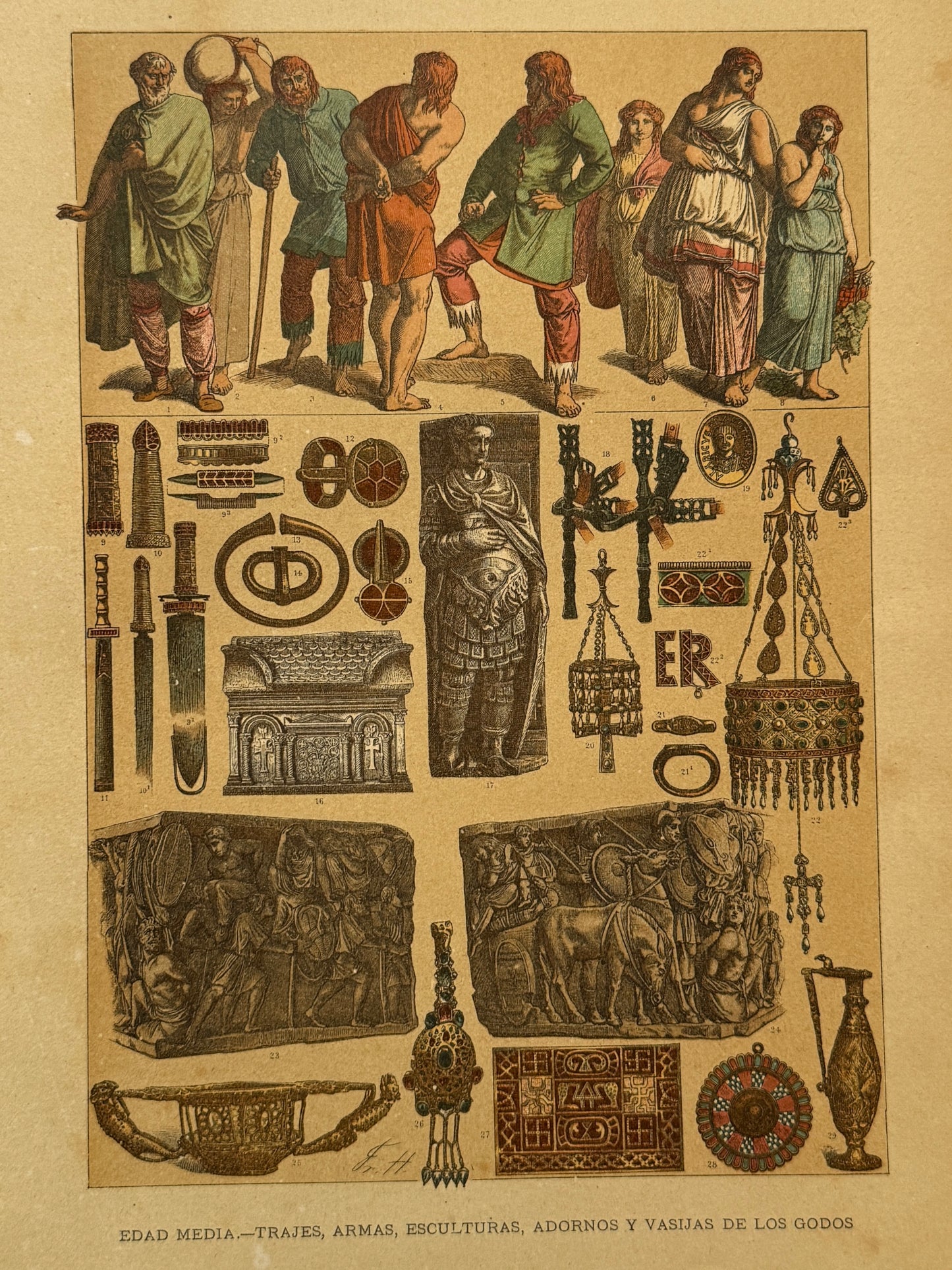 Cromolitografía trajes, armas, esculturas, adornos y vasijas de los godos - Historia general del arte. Montaner y Simón ca. 1890