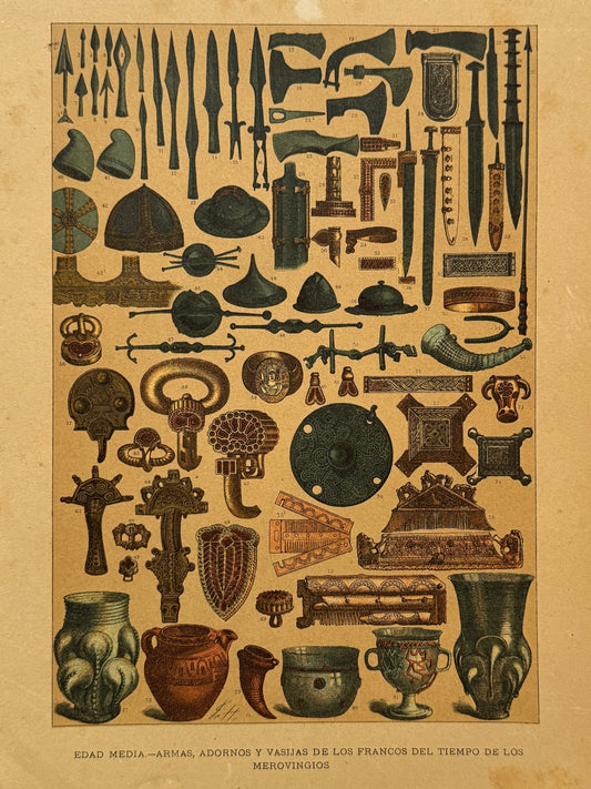 Cromolitografía armas, adornos y vasijas de los francos - Historia general del arte. Montaner y Simón ca. 1890