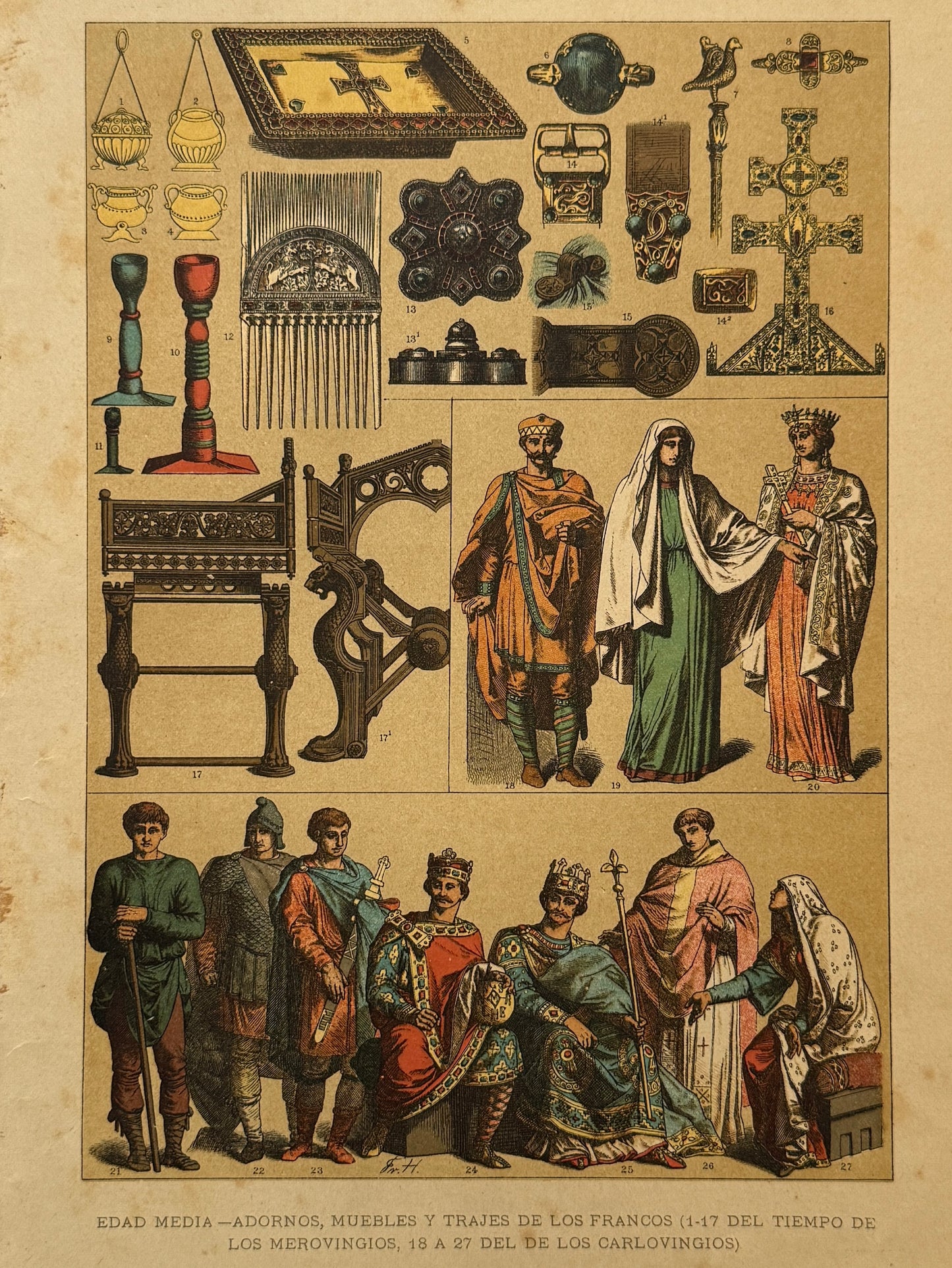 Cromolitografía adornos, muebles y trajes de los francos - Historia general del arte. Montaner y Simón ca. 1890
