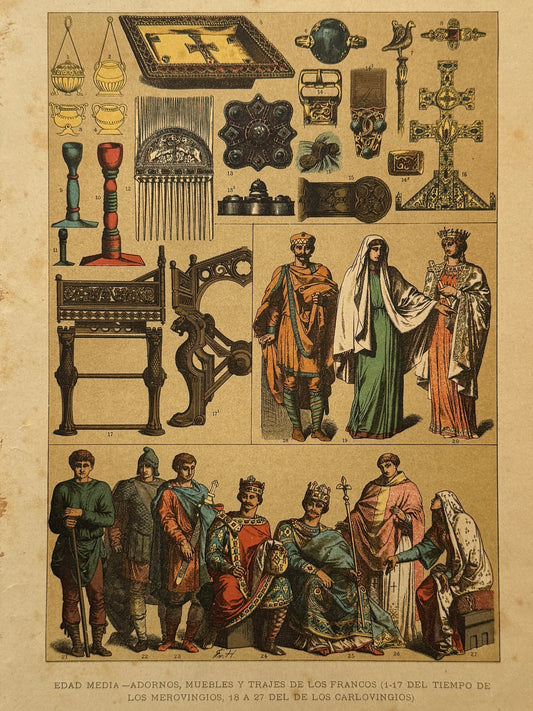 Cromolitografía adornos, muebles y trajes de los francos - Historia general del arte. Montaner y Simón ca. 1890