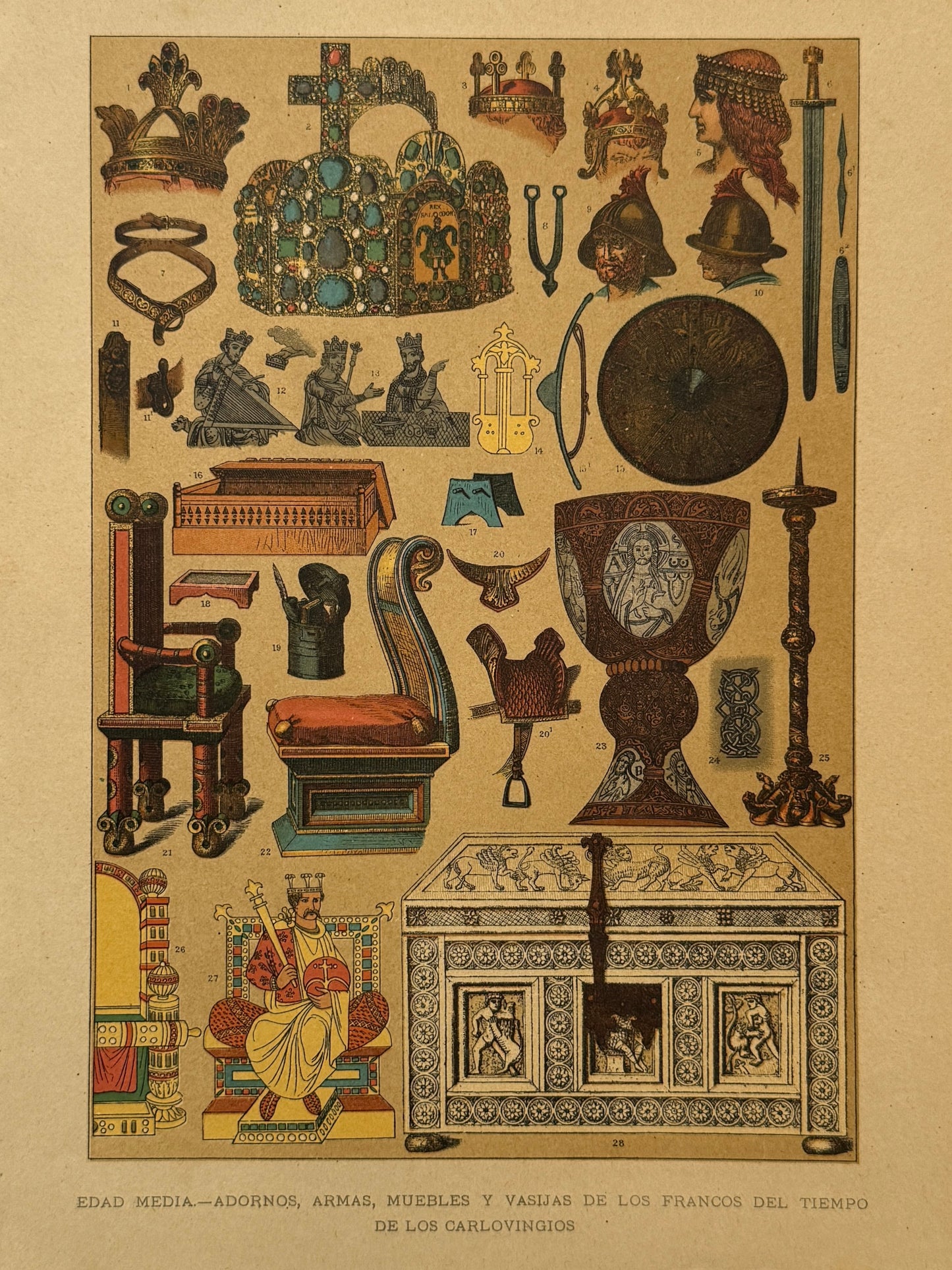 Cromolitografía adornos, armas, muebles y vasijas de los francos - Historia general del arte. Montaner y Simón ca. 1890