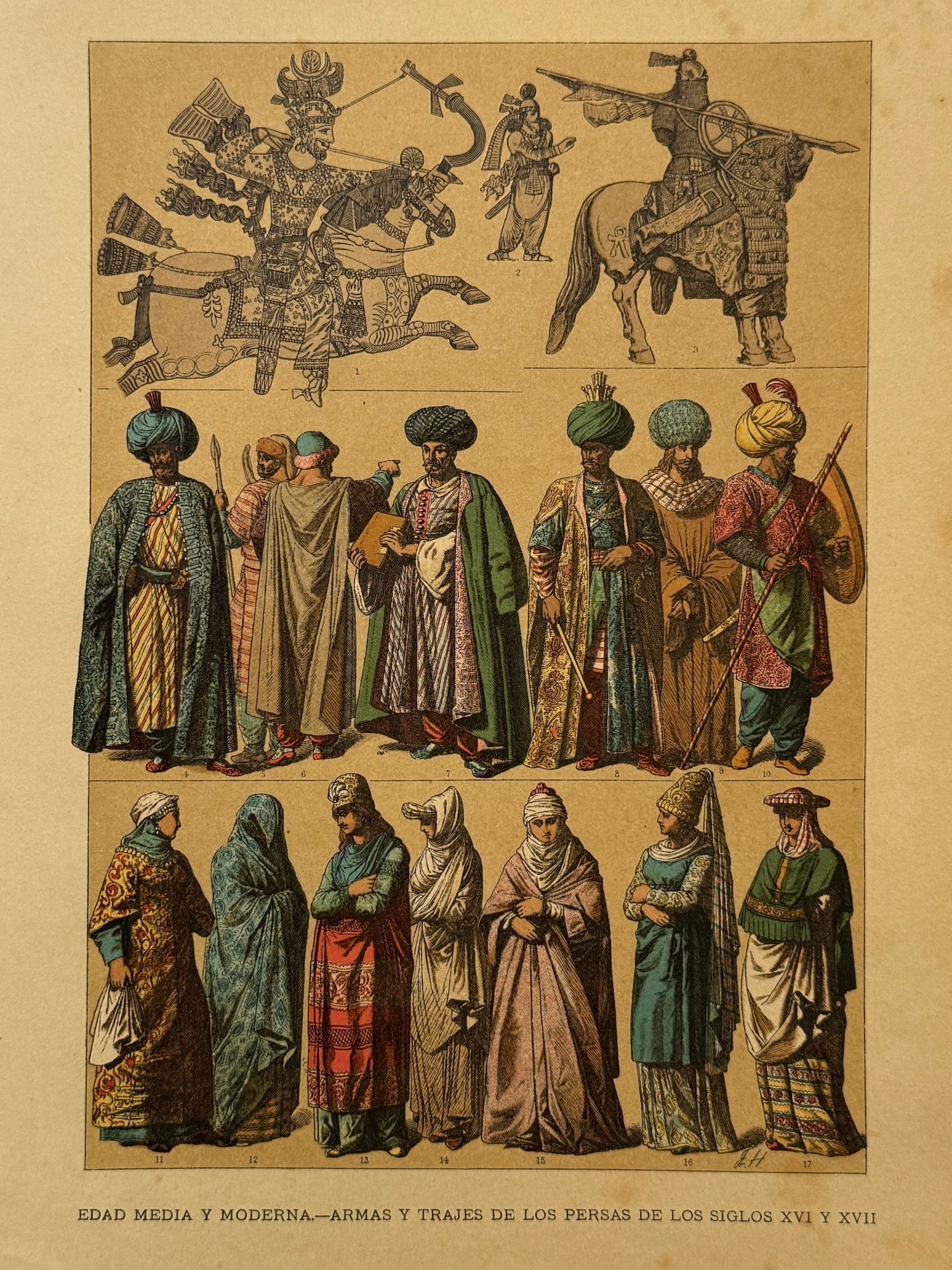 Cromolitografía trajes y armas de los persas - Historia del traje. Montaner y Simón ca. 1890