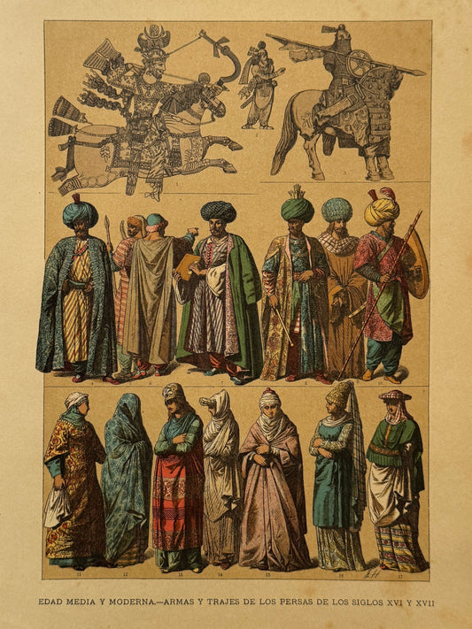 Cromolitografía trajes y armas de los persas - Historia del traje. Montaner y Simón ca. 1890