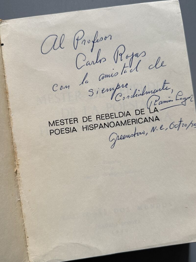 Mester de rebeldía de la poesía hispanoamericana, Ramiro Lagos. Firmado - Ediciones Dos Mundos, 1974