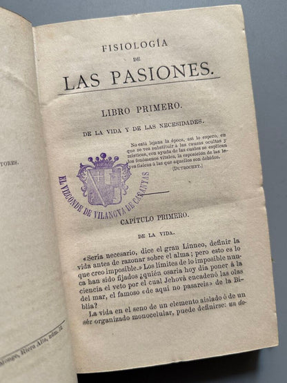 La fisiología de las pasiones, Ch. Letourneau - Jané Hermano Editores, ca. 1890