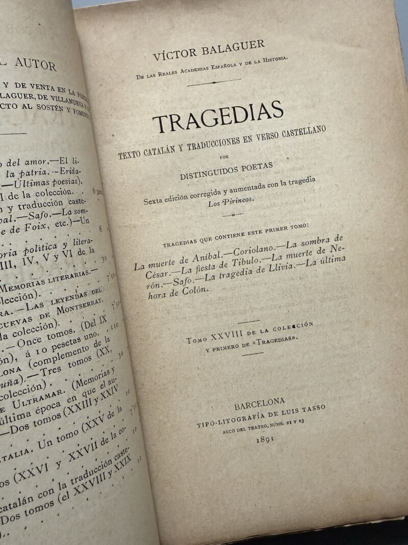 Tragedias, Víctor Balaguer - Tipo-Litografía de Luís Tasso, 1891
