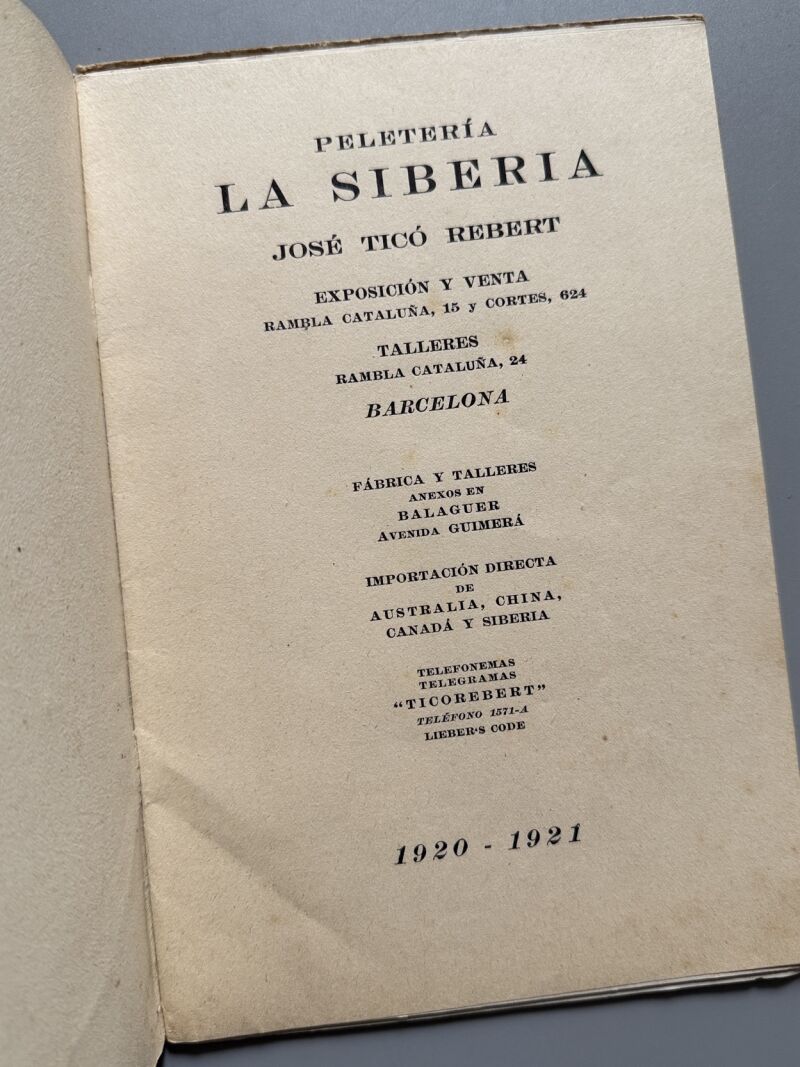 Catálogo Peletería la Siberia 1920-1921 - Talleres Gráficos de Antonio J. Rovira, 1920