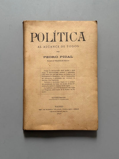 Política al alcance de todos, Pedro Pidal - Imp. de Ramona Velasco, 1919