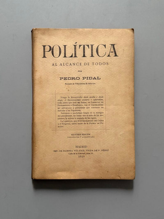 Política al alcance de todos, Pedro Pidal - Imp. de Ramona Velasco, 1919