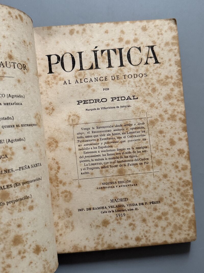 Política al alcance de todos, Pedro Pidal - Imp. de Ramona Velasco, 1919