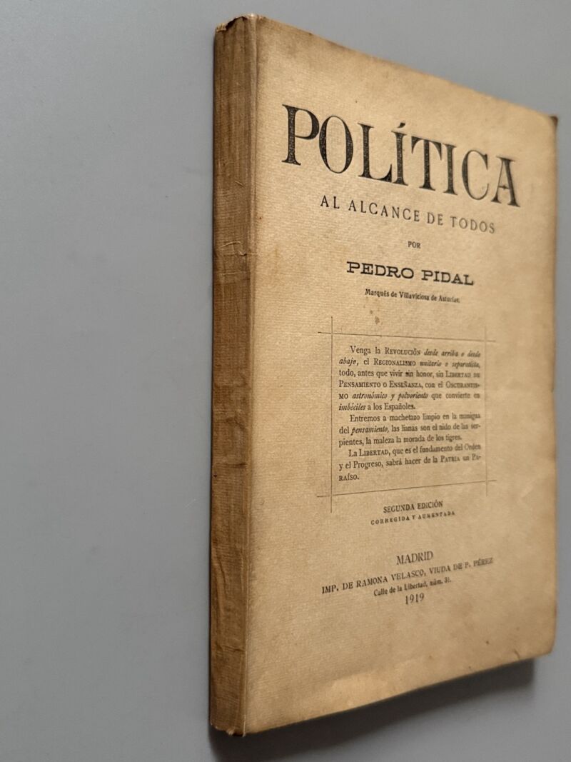 Política al alcance de todos, Pedro Pidal - Imp. de Ramona Velasco, 1919