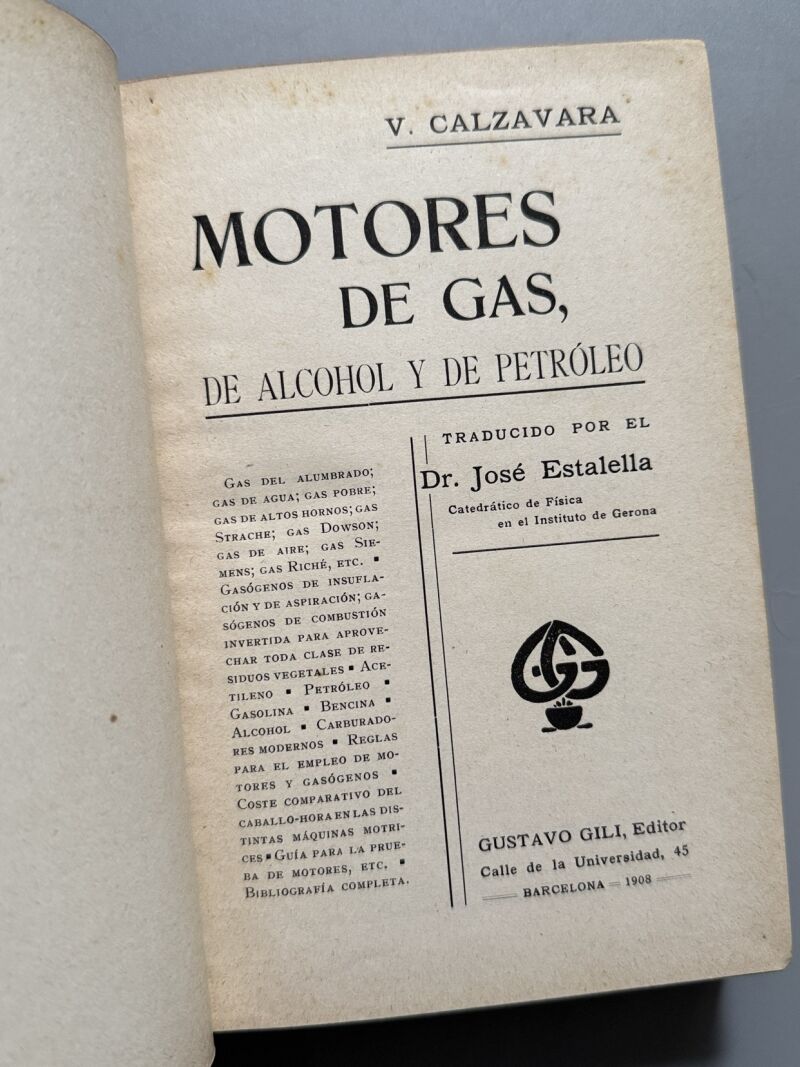 Motores de gas de alcohol y de petróleo, V. Calzavara - Gustavo Gili Editor, 1908