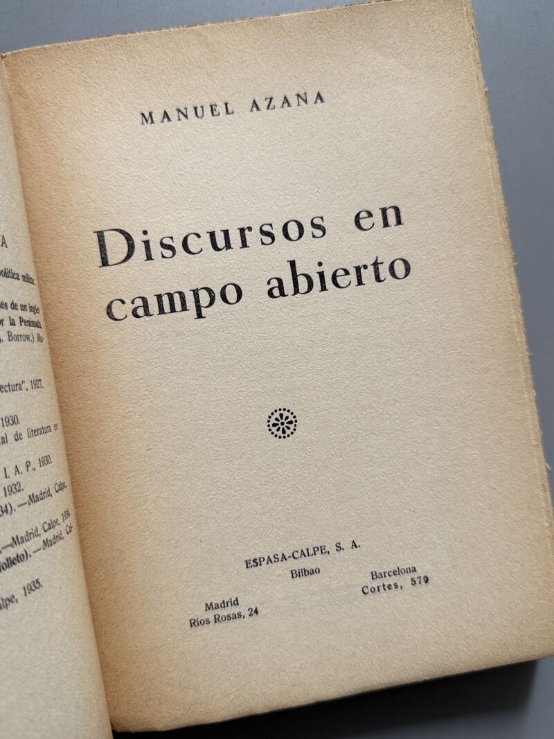 Discursos en campo abierto, Manuel Azaña - Espasa-Calpe, 1936
