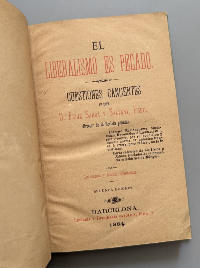 El liberalismo es pecado, Félix Sardá y Salvany (2ª edición) - Librería y Tipografía Católica, 1884