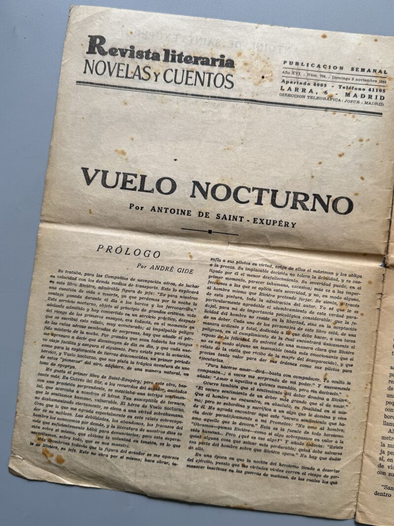 Vuelo nocturno, Antoine de Saint-Exupéry - Revista literaria. Novelas y cuentos, 1944