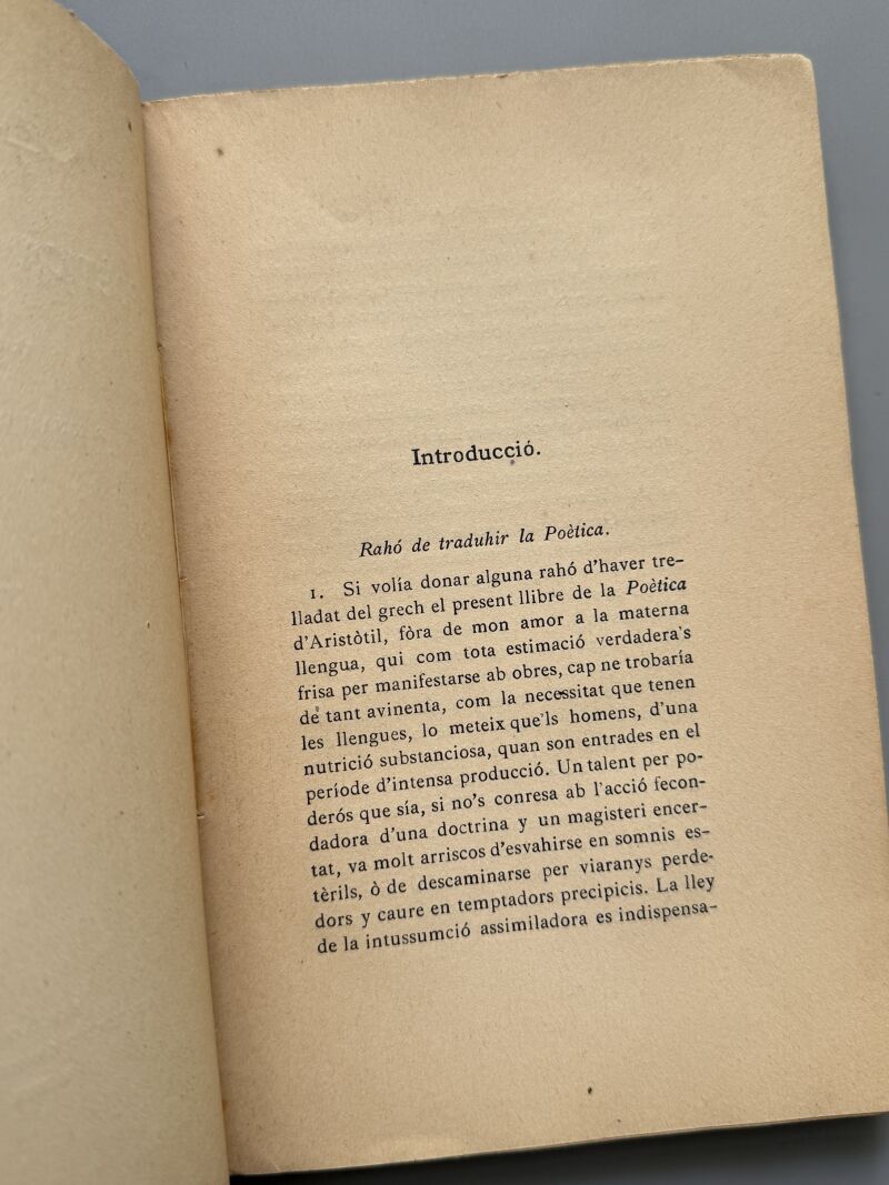 Poètica d'Aristòtil, Traducción de P. Ignasi Casanovas (firmado) - Establiment Gràfich Thomas, 1907