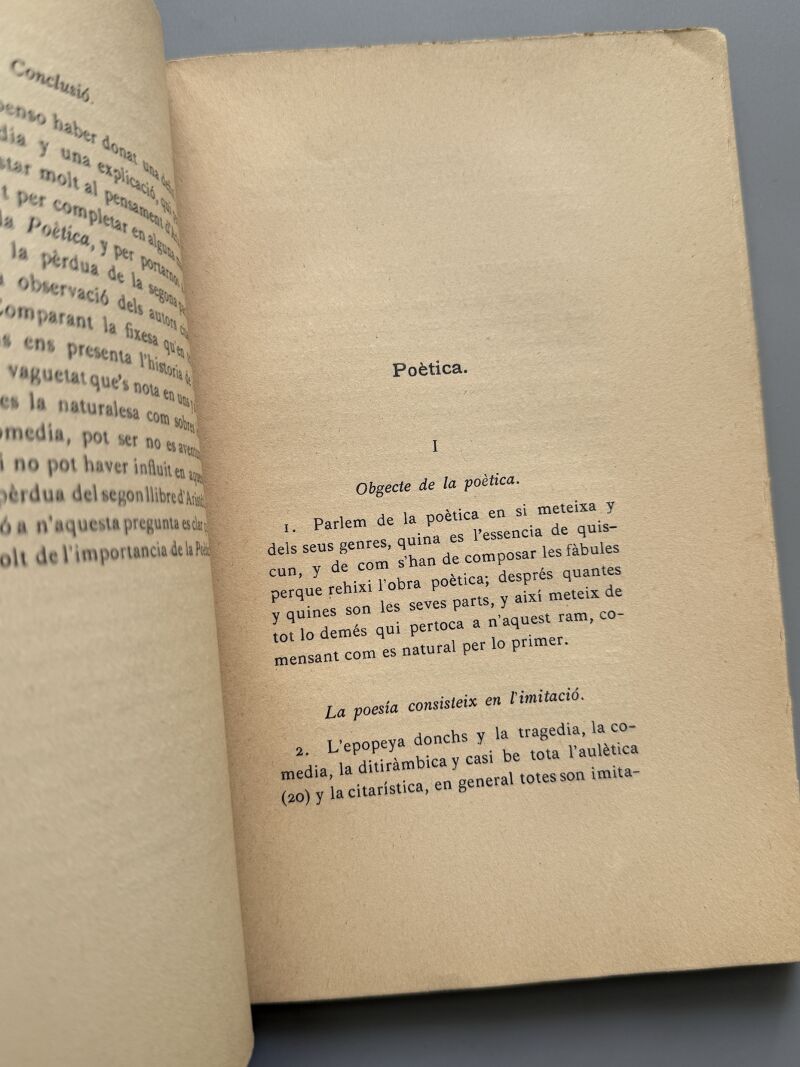 Poètica d'Aristòtil, Traducción de P. Ignasi Casanovas (firmado) - Establiment Gràfich Thomas, 1907