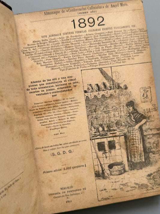 Almanaque de Conferencias Culinarias de Ángel Muro 1892, Ángel Muro - Librería de Fernando Fé, 1891