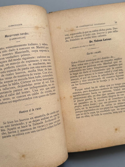 Almanaque de Conferencias Culinarias de Ángel Muro 1892, Ángel Muro - Librería de Fernando Fé, 1891