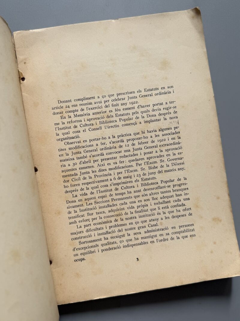 Report documentat/ Crónica documentada, Institut de Cultura i Biblioteca Popular de la Dona - 1922