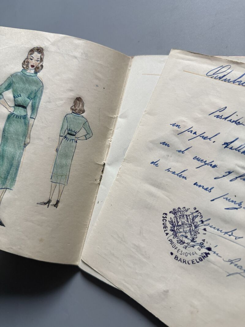 Curso de moda años 50 de Mª José Torres. Sobrecubierta bordada única - Fémina, siluetas para croquis