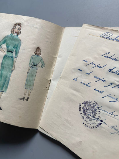 Curso de moda años 50 de Mª José Torres. Sobrecubierta bordada única - Fémina, siluetas para croquis