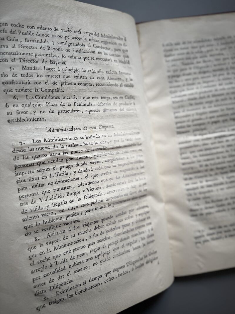 Reglamento para el establecimiento de coches de diligencia desde Madrid a Bayona - 1787