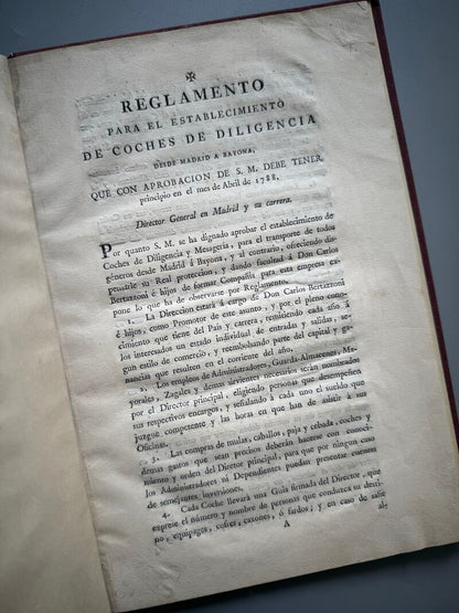 Reglamento para el establecimiento de coches de diligencia desde Madrid a Bayona - 1787