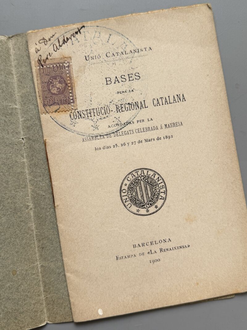Bases pera la Constitució Regional Catalana. Asamblea de delegats. Manresa - 1900