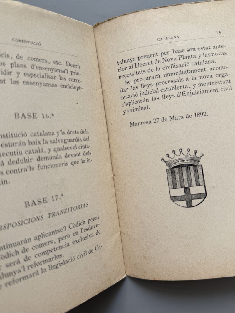 Bases pera la Constitució Regional Catalana. Asamblea de delegats. Manresa - 1900
