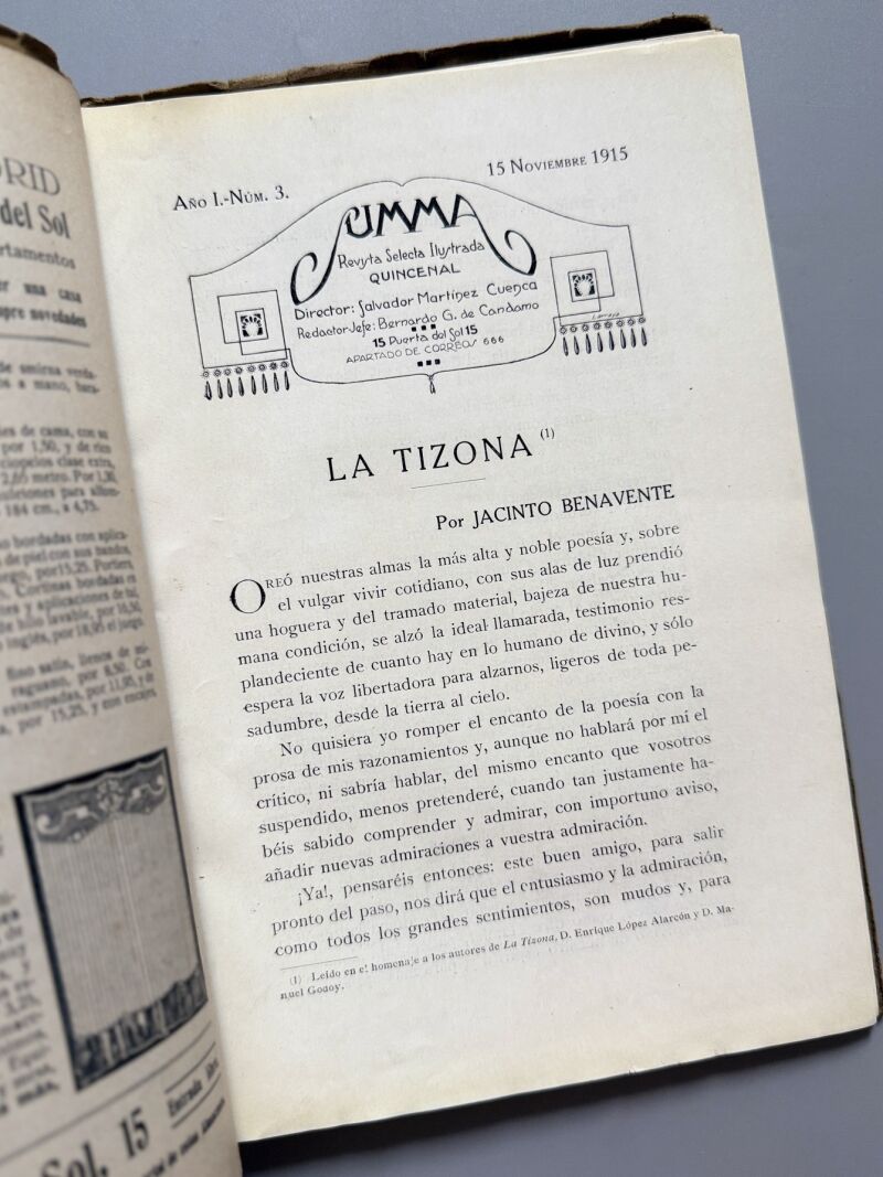 Summa. Revista Selecta Ilustrada. Jacinto Benavente, Valle Inclán, Pedro de Répide - Año I, nº3 1915