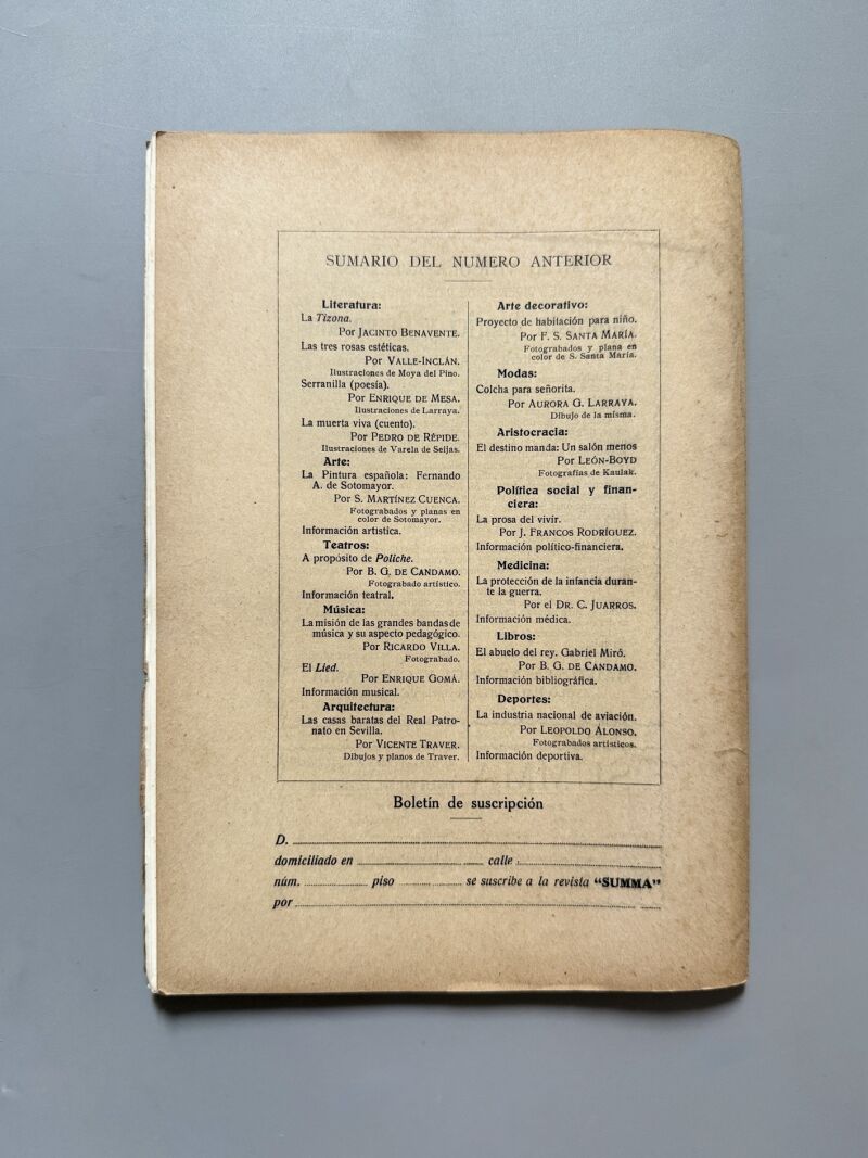 Summa. Revista Selecta Ilustrada. Juan Ramón Jiménez, Valle-Inclán, M. Nelken - Año I, nº4 1915